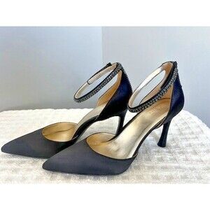 Natualizer Alyssa Pointed Toe Black Satin Beaded Ankle Strap Heels Size 10
